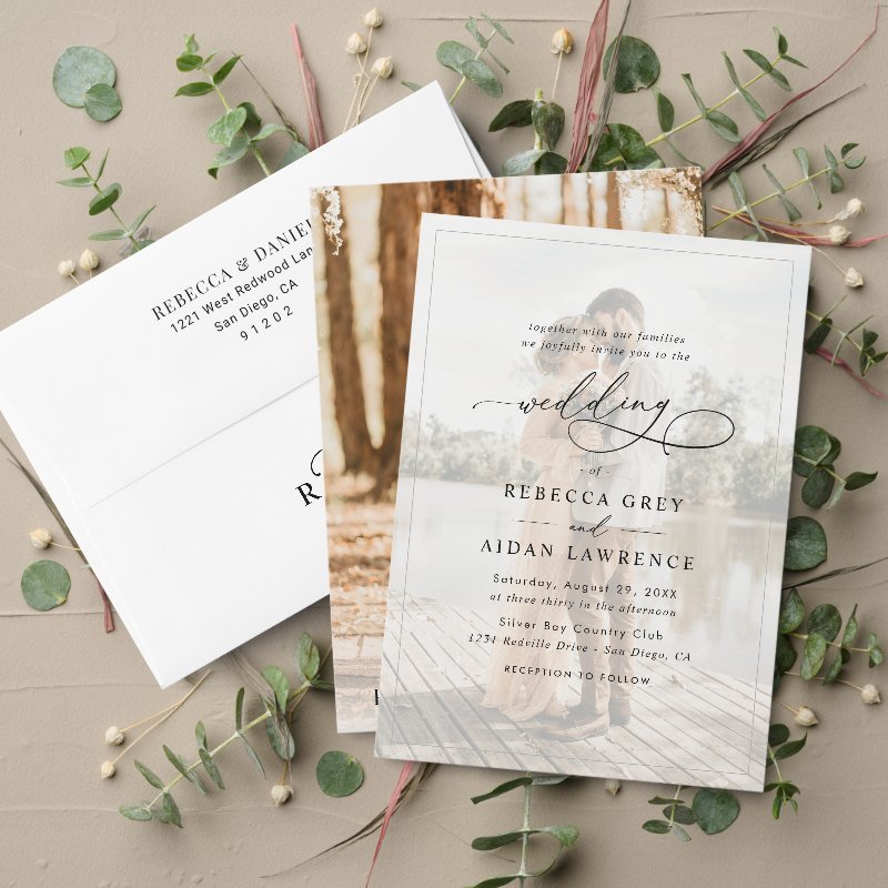 Simple Black & White Overlay Photo Wedding Invitation Flat Invitation, Size: 5\\" x 7\\