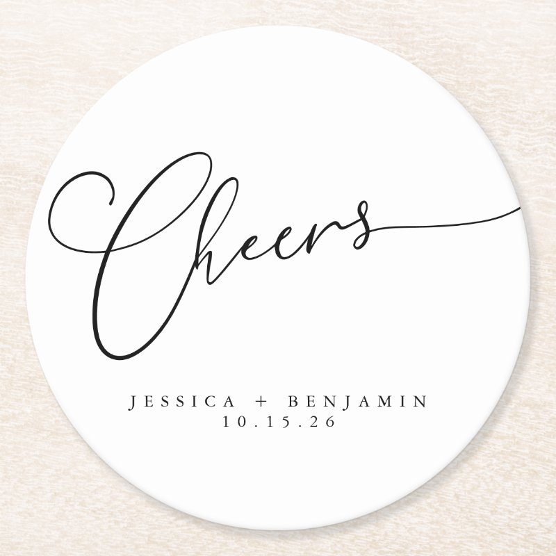Cheers Minimal Black White Script Custom Wedding Round Paper Coaster Custom Round Coasters
