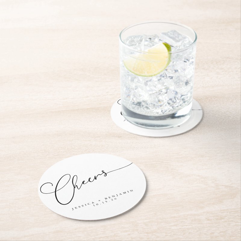 Cheers Minimal Black White Script Custom Wedding Round Paper Coaster Custom Round Coasters