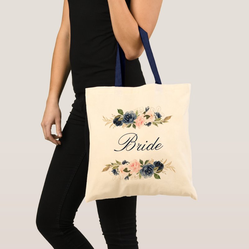 Navy and blush pink floral bride tote bag Budget Tote 3 Navy and blush pink floral bride tote bag Budget Tote
