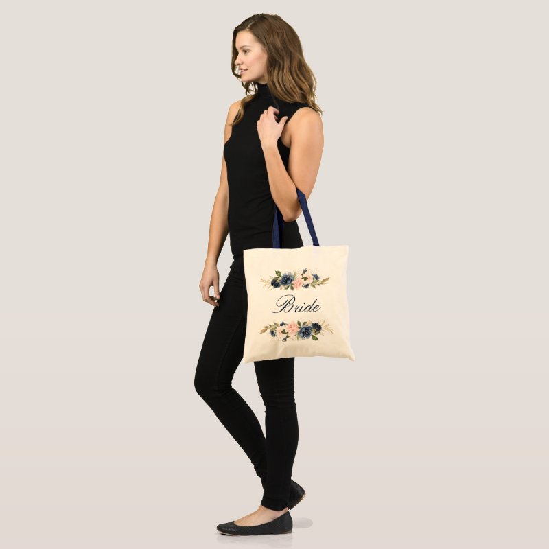 Navy and blush pink floral bride tote bag Budget Tote 4 Navy and blush pink floral bride tote bag Budget Tote