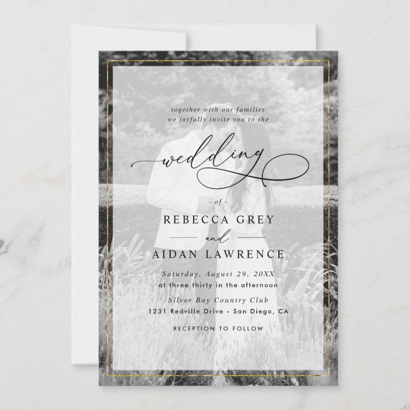 Elegant White and Black Gold Border Photo Wedding Invitation Flat Invitation, Size: 5\\" x 7\\