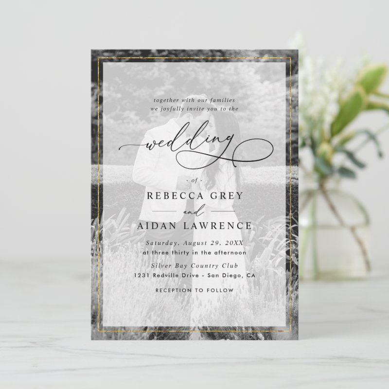 Elegant White and Black Gold Border Photo Wedding Invitation Flat Invitation, Size: 5\" x 7\ 4 Elegant White and Black Gold Border Photo Wedding Invitation Flat Invitation, Size: 5\\" x 7\\