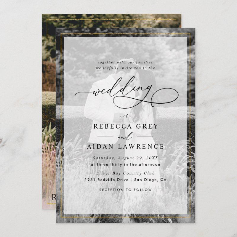 Elegant White and Black Gold Border Photo Wedding Invitation Flat Invitation, Size: 5\" x 7\ 5 Elegant White and Black Gold Border Photo Wedding Invitation Flat Invitation, Size: 5\\" x 7\\