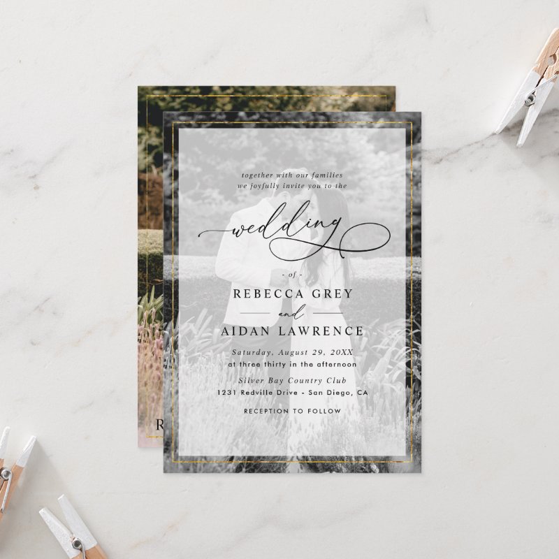 Elegant White and Black Gold Border Photo Wedding Invitation Flat Invitation, Size: 5\" x 7\ 6 Elegant White and Black Gold Border Photo Wedding Invitation Flat Invitation, Size: 5\\" x 7\\