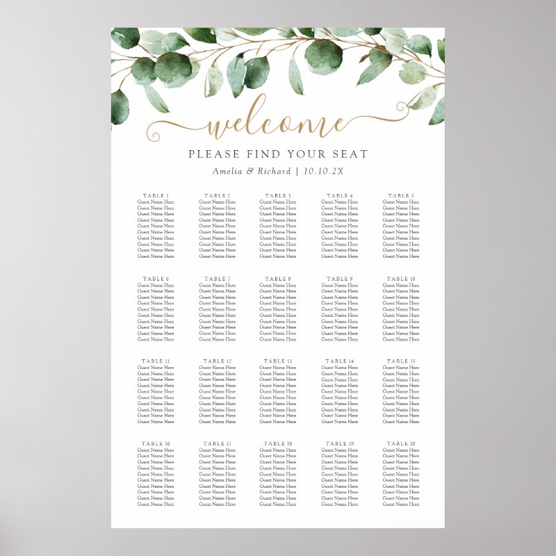 Simple Eucalyptus Greenery Wedding Seating Chart Print, Value Poster Paper (Semi-Gloss)