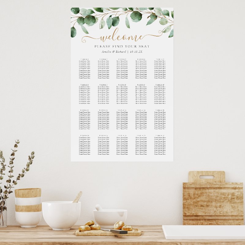 Simple Eucalyptus Greenery Wedding Seating Chart Print, Value Poster Paper (Semi-Gloss)