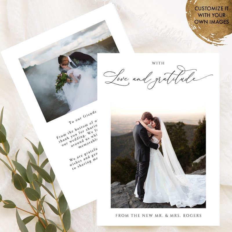 With Love and Gratitude, Chic Photo Wedding Thank You Card 3.5\\" x 5\\" Flat Thank You Card