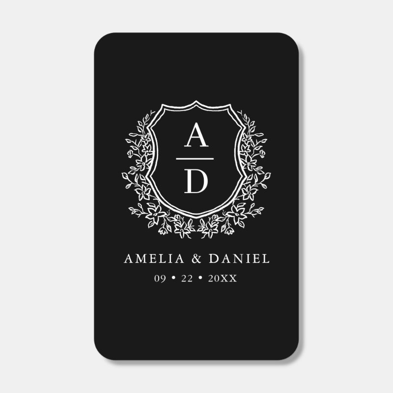 Black White Monogram Wedding Floral Crest Matchboxes Color: Black Matchbox, Assembly: Self Assembled Personalized Matches - Set of 50