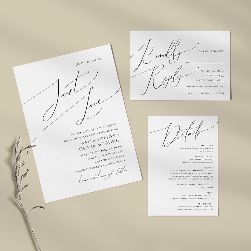 Whimsical Script Nothing Fancy Just Love Wedding Invitation Flat Invitation, Size: 5\\" x 7\\