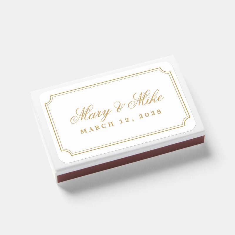 Classic Gold Wedding Favor Matches Color: White Matchbox, Assembly: Self Assembled Personalized Matches - Set of 50 3 Classic Gold Wedding Favor Matches Color: White Matchbox, Assembly: Self Assembled Personalized Matches - Set of 50