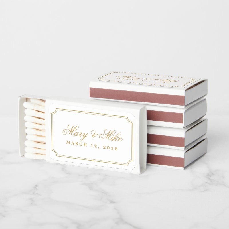 Classic Gold Wedding Favor Matches Color: White Matchbox, Assembly: Self Assembled Personalized Matches - Set of 50 4 Classic Gold Wedding Favor Matches Color: White Matchbox, Assembly: Self Assembled Personalized Matches - Set of 50