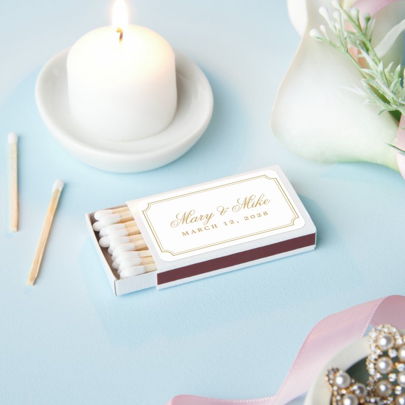 Classic Gold Wedding Favor Matches Color: White Matchbox, Assembly: Self Assembled Personalized Matches - Set of 50 5 Classic Gold Wedding Favor Matches Color: White Matchbox, Assembly: Self Assembled Personalized Matches - Set of 50