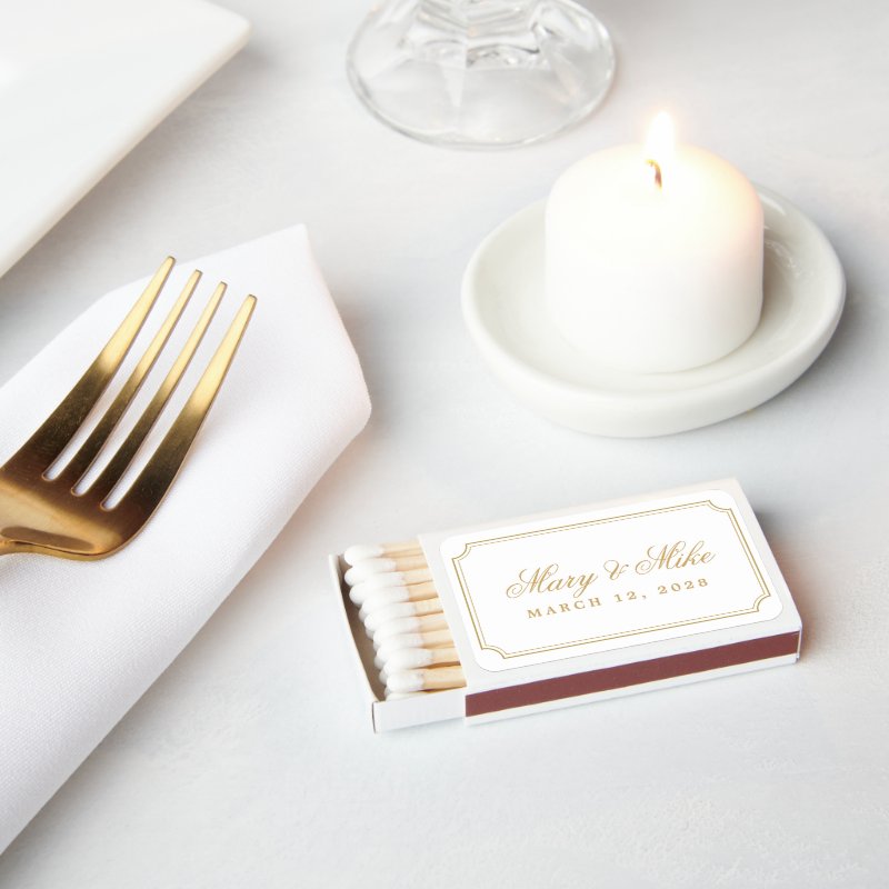 Classic Gold Wedding Favor Matches Color: White Matchbox, Assembly: Self Assembled Personalized Matches - Set of 50 6 Classic Gold Wedding Favor Matches Color: White Matchbox, Assembly: Self Assembled Personalized Matches - Set of 50