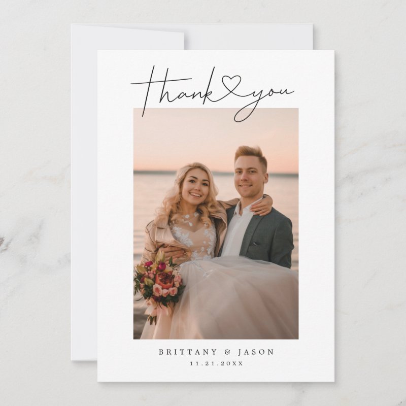 Minimalist Simple Script with Heart Wedding Photo Thank You Card 5\\" x 7\\" Flat Thank You Card