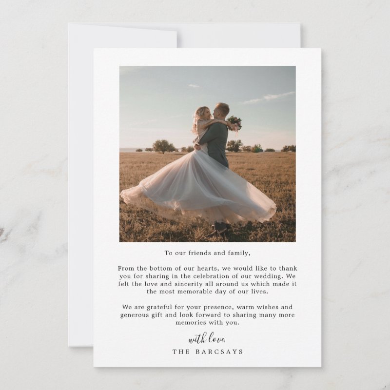 Minimalist Simple Script with Heart Wedding Photo Thank You Card 5\\" x 7\\" Flat Thank You Card