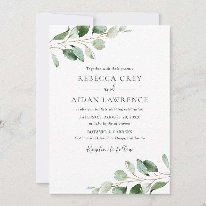 Rustic Botanical Eucalyptus Greenery Wedding Invitation Flat Invitation, Size: 5\\" x 7\\