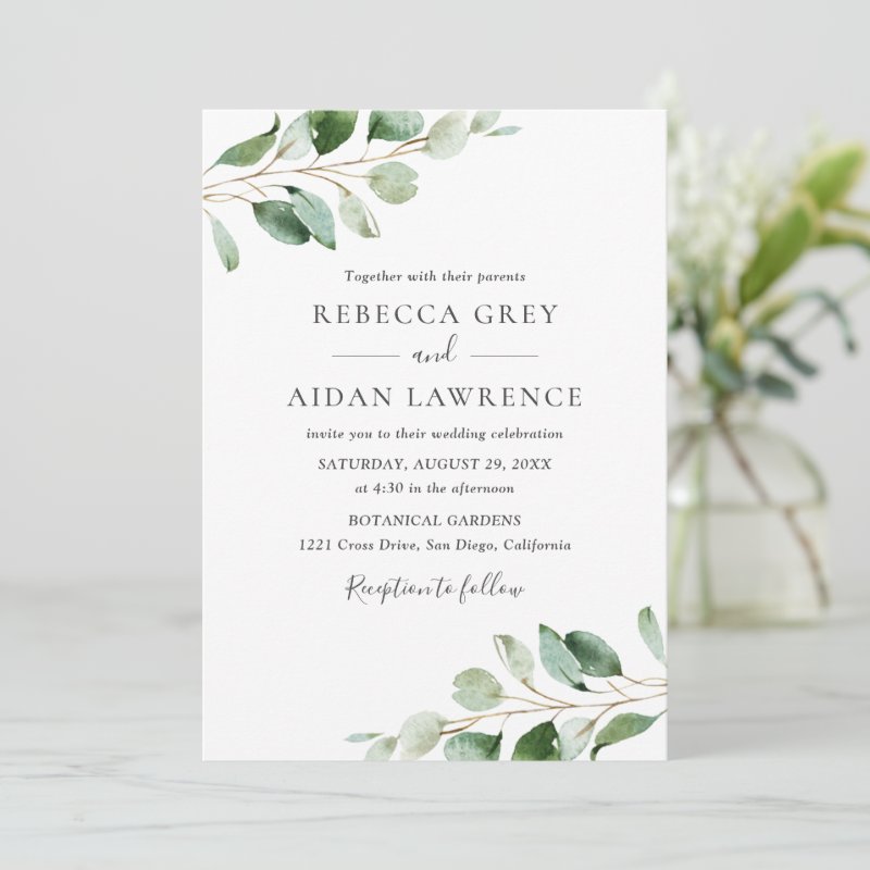 Rustic Botanical Eucalyptus Greenery Wedding Invitation Flat Invitation, Size: 5\\" x 7\\