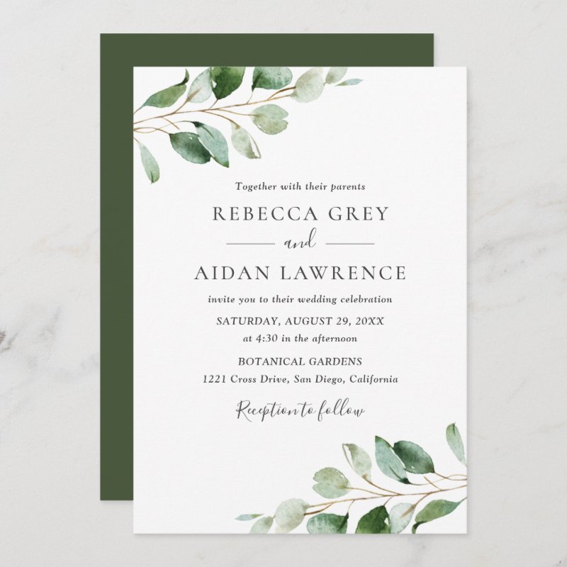 Rustic Botanical Eucalyptus Greenery Wedding Invitation Flat Invitation, Size: 5\\" x 7\\