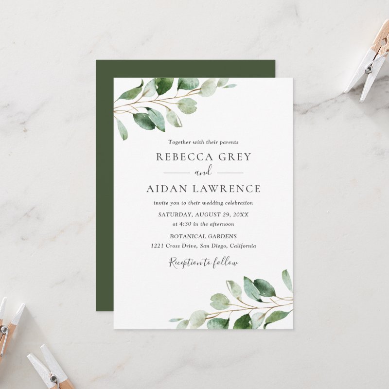 Rustic Botanical Eucalyptus Greenery Wedding Invitation Flat Invitation, Size: 5\\" x 7\\