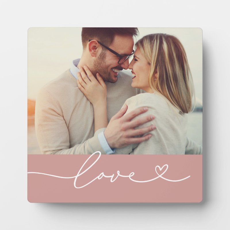 Love Heart Script Custom Muted Pink Wedding Photo Plaque 5.25 x 5.25 with Easel