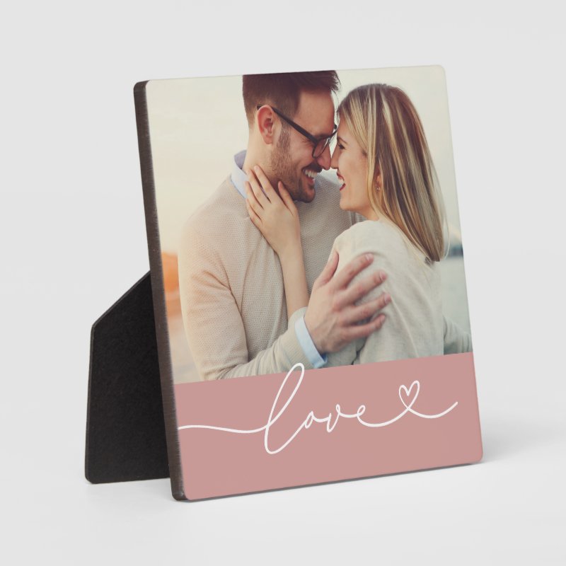 Love Heart Script Custom Muted Pink Wedding Photo Plaque 5.25 x 5.25 with Easel