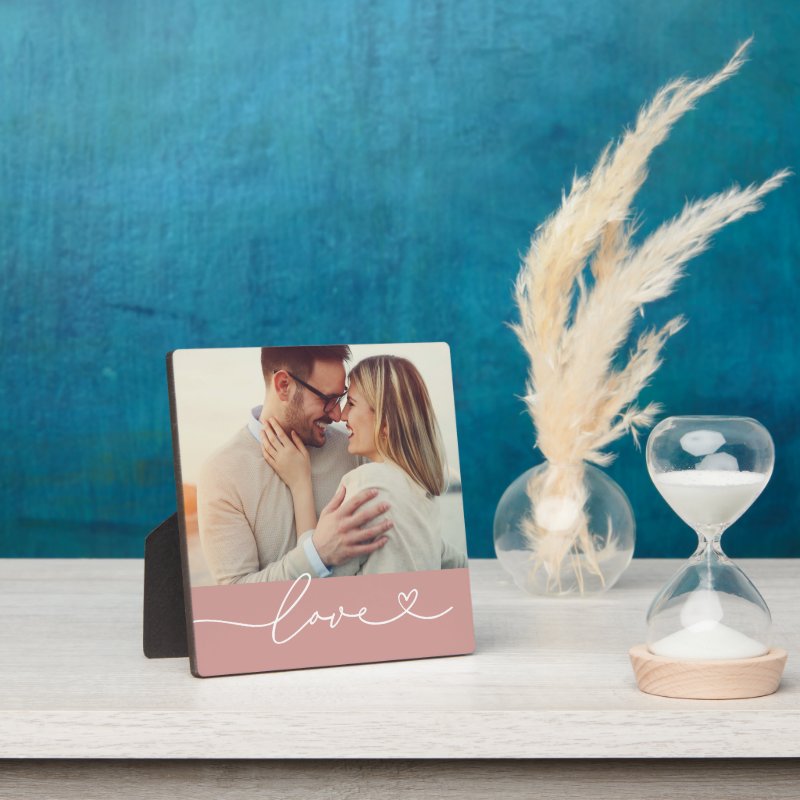 Love Heart Script Custom Muted Pink Wedding Photo Plaque 5.25 x 5.25 with Easel 3 Love Heart Script Custom Muted Pink Wedding Photo Plaque 5.25 x 5.25 with Easel