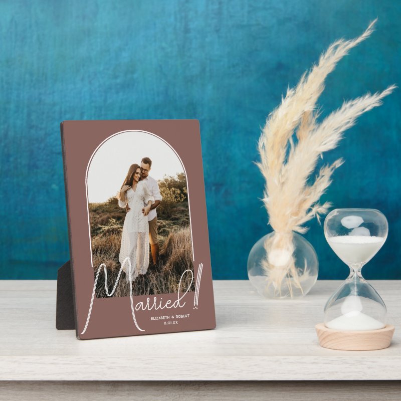 Elegant Arch Wedding Photo Rose Taupe Plaque 5x7 with Easel