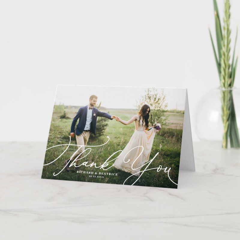 Elegant Beatrice Script Photo Wedding Thank You Card Custom Folded Thank You Card, Size: Standard, 5\\" x 7\\