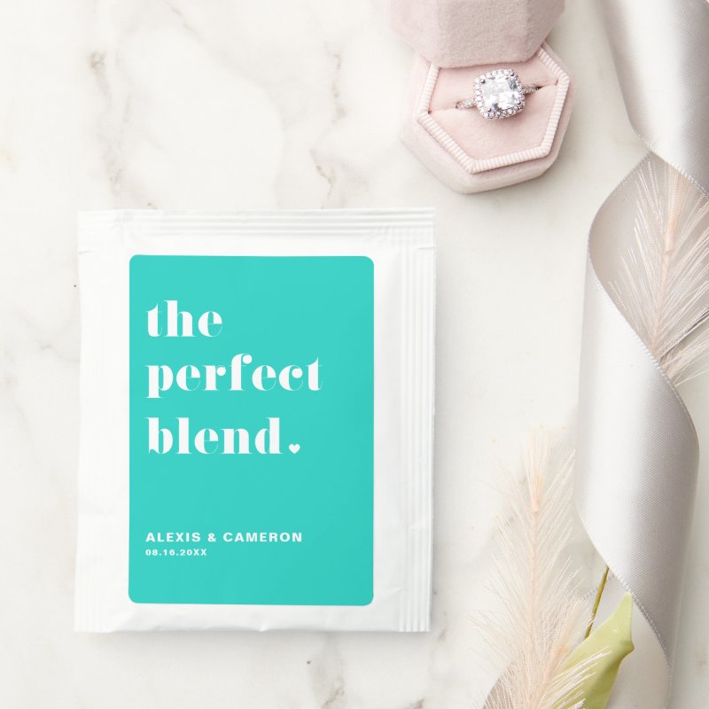 Bold Typography Perfect Blend Turquoise Wedding Tea Bag Drink Mix Custom Tea, Non-Assembled