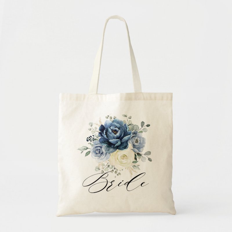 Dusty Blue Champagne Ivory Floral Wedding Bride Tote Bag Budget Tote