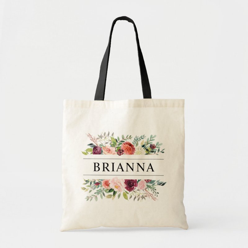 Burgundy Pink Floral Bridesmaid Monogram Name Tote Bag Budget Tote