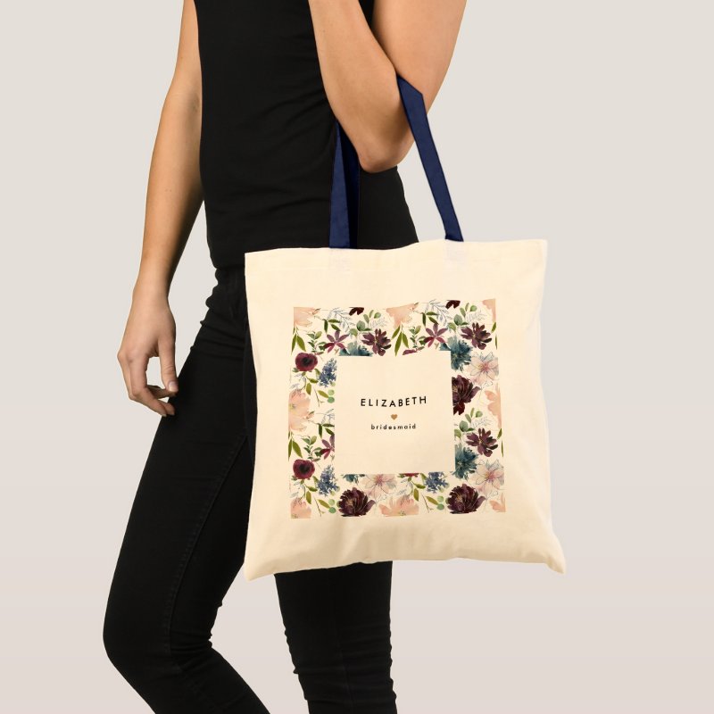 Burgundy Navy Floral Pattern Custom Bridal Party Tote Bag Budget Tote