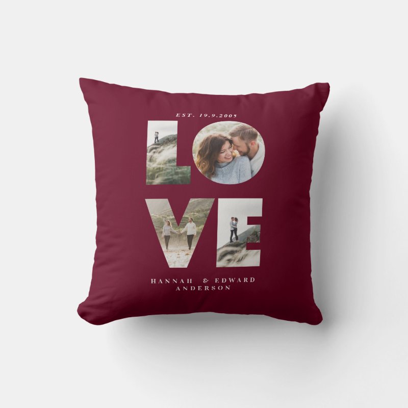 Love 4 photo simple modern personalised burgundy throw pillow Throw Pillow, Throw Pillow 16\\" x 16\\"