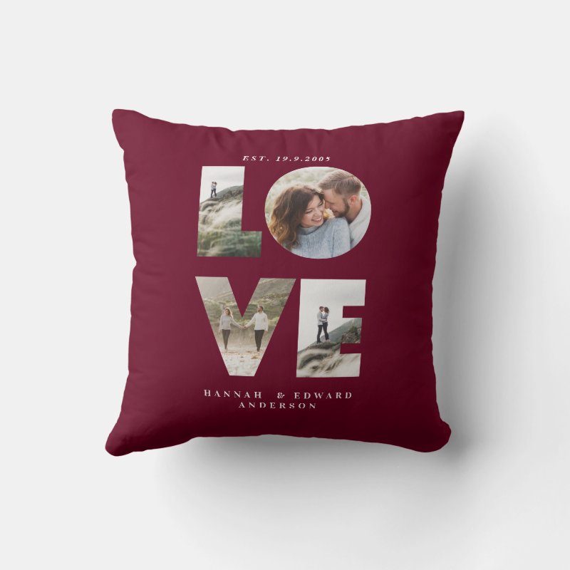 Love 4 photo simple modern personalised burgundy throw pillow Throw Pillow, Throw Pillow 16\\" x 16\\"