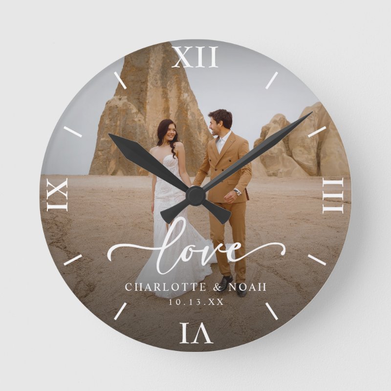 Wedding Photo Love Script Anniversary Round Clock Wall Clock, 8\\" Round Acrylic