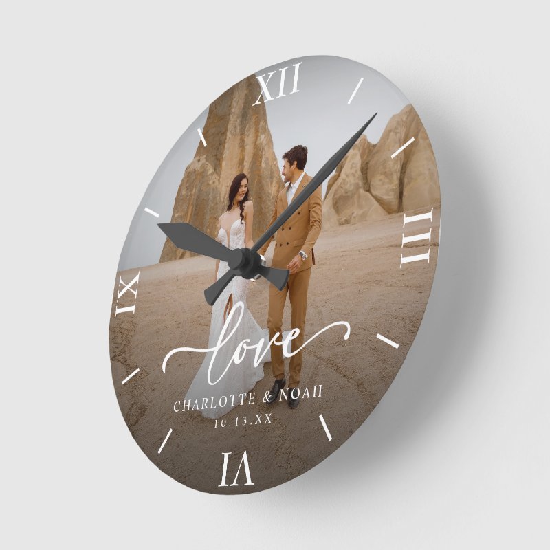 Wedding Photo Love Script Anniversary Round Clock Wall Clock, 8\\" Round Acrylic