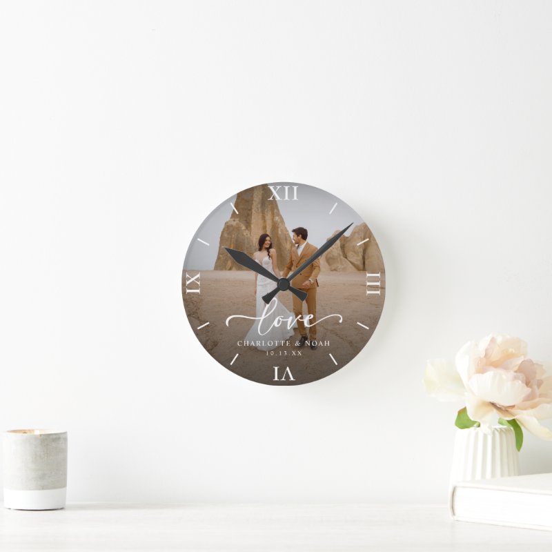 Wedding Photo Love Script Anniversary Round Clock Wall Clock, 8\" Round Acrylic 4 Wedding Photo Love Script Anniversary Round Clock Wall Clock, 8\\" Round Acrylic