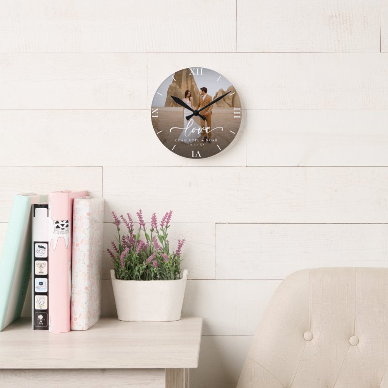 Wedding Photo Love Script Anniversary Round Clock Wall Clock, 8\" Round Acrylic 5 Wedding Photo Love Script Anniversary Round Clock Wall Clock, 8\\" Round Acrylic