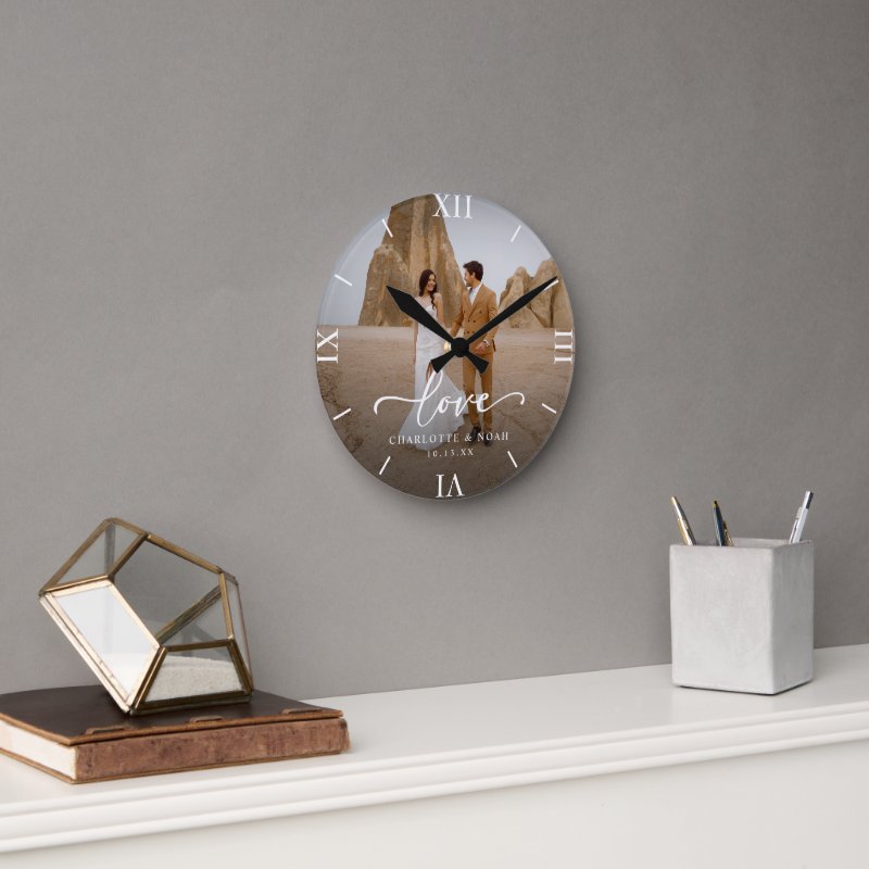 Wedding Photo Love Script Anniversary Round Clock Wall Clock, 8\" Round Acrylic 6 Wedding Photo Love Script Anniversary Round Clock Wall Clock, 8\\" Round Acrylic