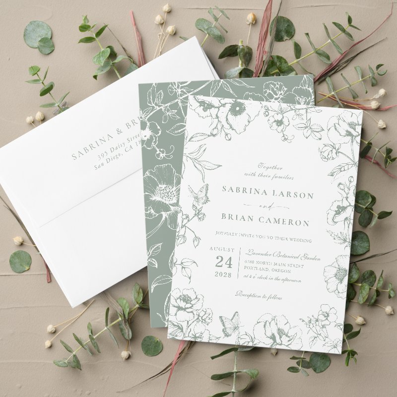 Elegant Sage Green Floral Garden Wedding Invitation Flat Invitation, Size: 5\\" x 7\\