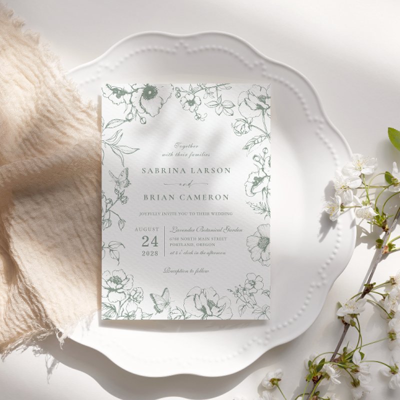 Elegant Sage Green Floral Garden Wedding Invitation Flat Invitation, Size: 5\\" x 7\\