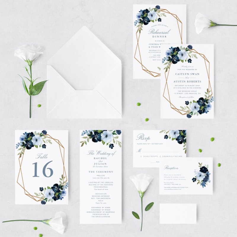 Navy & light blue floral geometric wedding invitation Flat Invitation, Size: 5\\" x 7\\