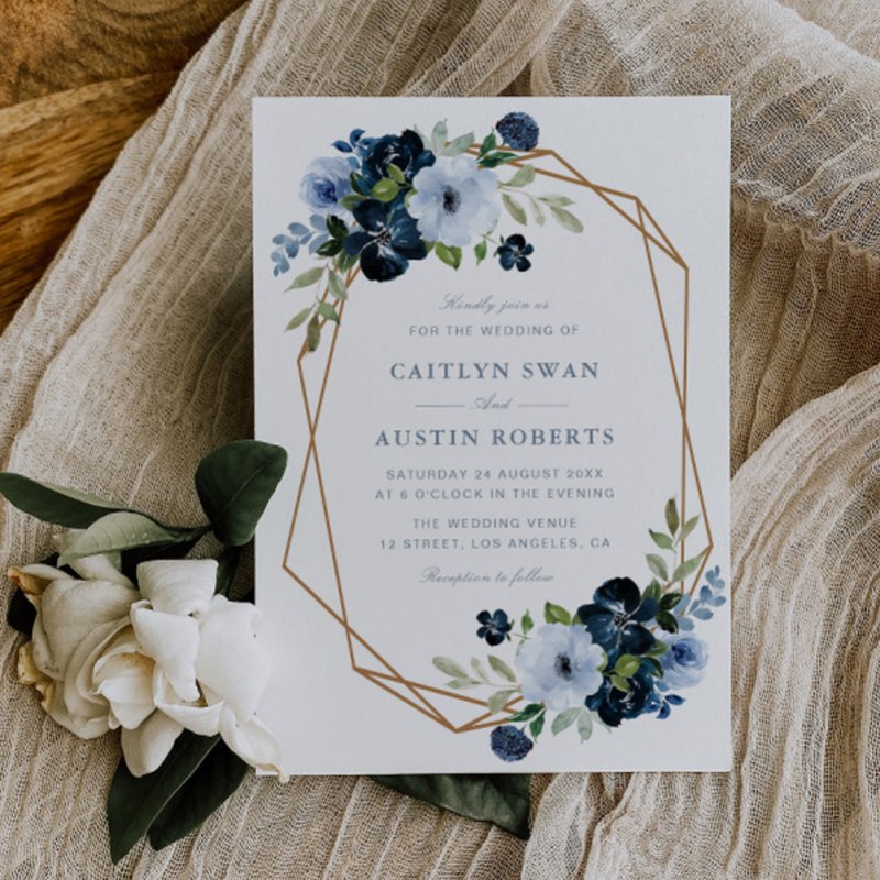 Navy & light blue floral geometric wedding invitation Flat Invitation, Size: 5\\" x 7\\