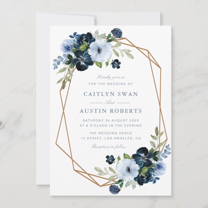 Navy & light blue floral geometric wedding invitation Flat Invitation, Size: 5\" x 7\ 3 Navy & light blue floral geometric wedding invitation Flat Invitation, Size: 5\\" x 7\\