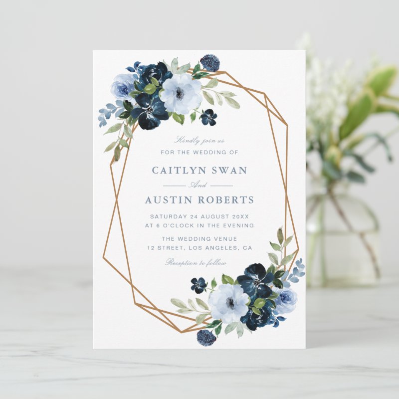 Navy & light blue floral geometric wedding invitation Flat Invitation, Size: 5\" x 7\ 5 Navy & light blue floral geometric wedding invitation Flat Invitation, Size: 5\\" x 7\\