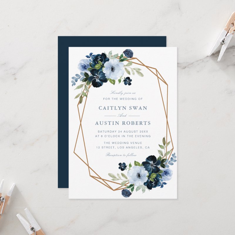 Navy & light blue floral geometric wedding invitation Flat Invitation, Size: 5\" x 7\ 7 Navy & light blue floral geometric wedding invitation Flat Invitation, Size: 5\\" x 7\\
