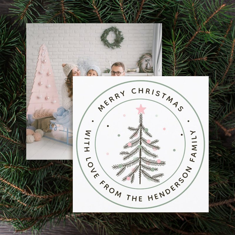 Simple Christmas Tree Return Address Rubber Stamp Custom 2\\" x 2\\" Rubber Stamp, Ink Pad Color = Jet Black, Orientation = Horizontal, Handle = Wooden Handle