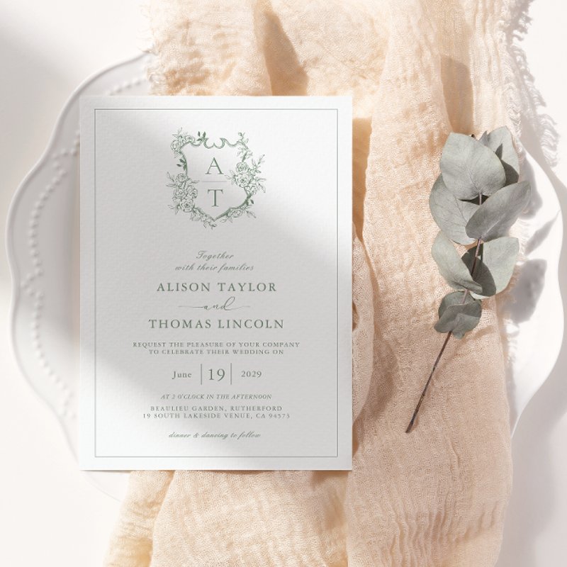 Formal Crest Sage Green Monogram Wedding Invitation Flat Invitation, Size: 5\\" x 7\\