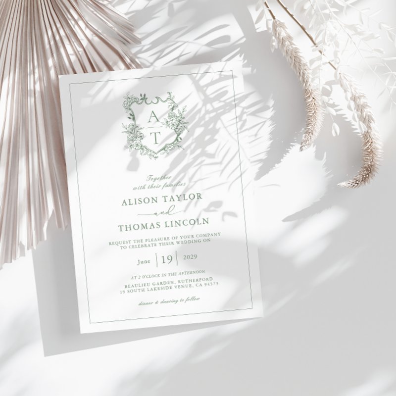 Formal Crest Sage Green Monogram Wedding Invitation Flat Invitation, Size: 5\\" x 7\\